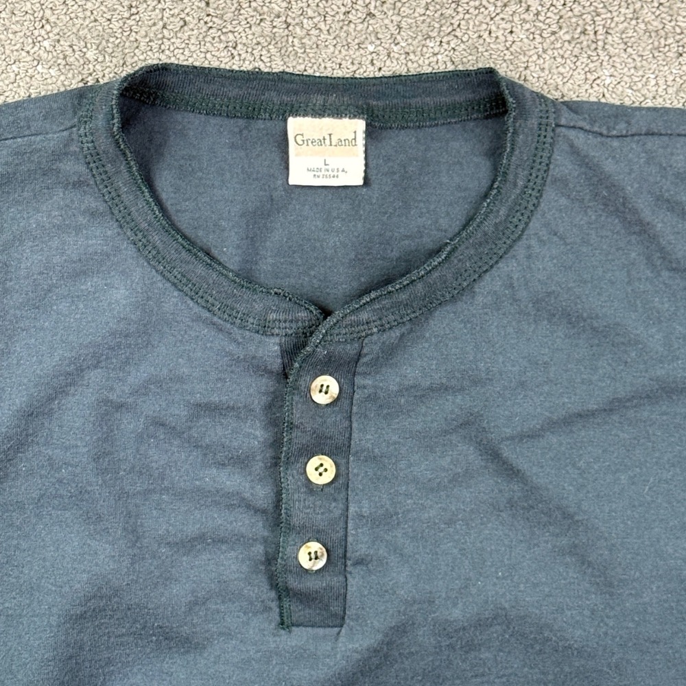Vintage USA Made Henley Shirt Mens Large Blue Gray Long Sleeve GreatLand